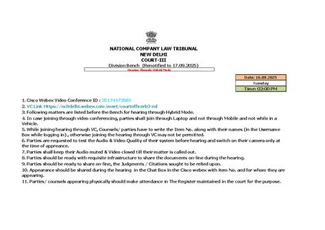 NCLT New Delhi Cause List for Hearing on 17.09.2025 - Studocu