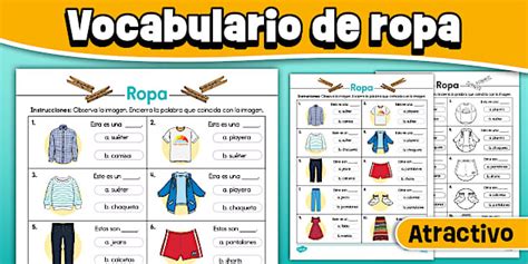 Hoja de vocabulario de ropa con palabras e imágenes