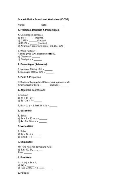 Grade 6 IGCSE Math Exam Level Worksheet: Key Topics & Problems - Studocu