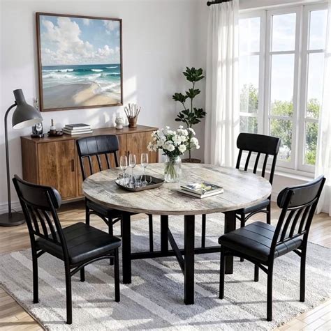 MIERES Round Dining Table Set for 4,Wood Round Kitchen Table and Chairs ...