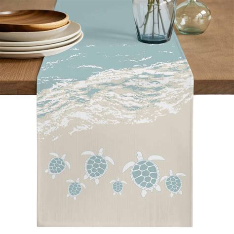 Blue Coastal Sea Turtle Cotton Linen Table Runner for Dining Kitchen ...