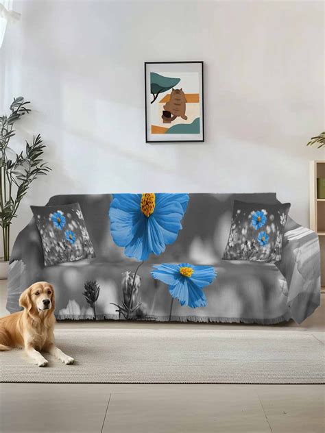 Blue Grey Daisy Sofa Covers for 2-3 Cushion Couch L-Shaped Sectional ...