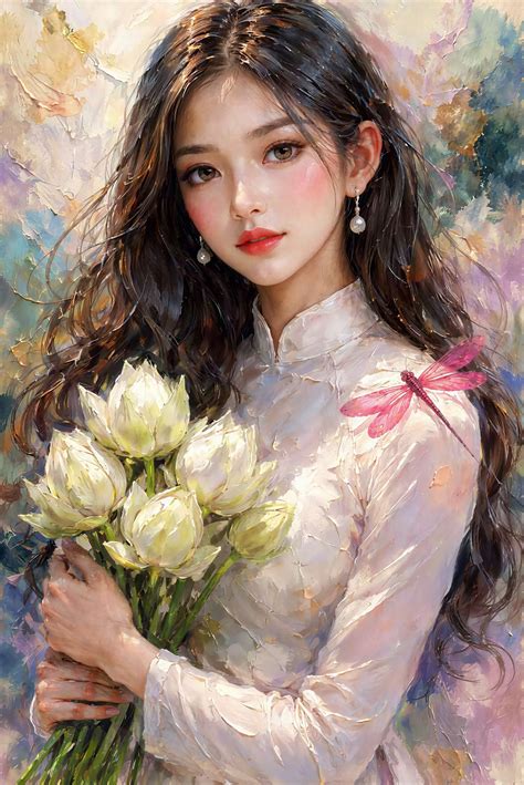 Oil Painting of Vietnamese Woman in Traditional Ao Dai | Deep Dream ...