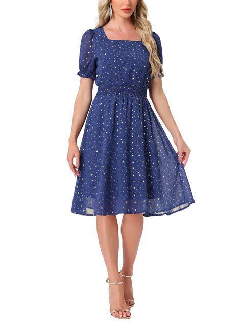Allegra K Square Neck Dress for Women's Metallic Stars Short Sleeve A ...