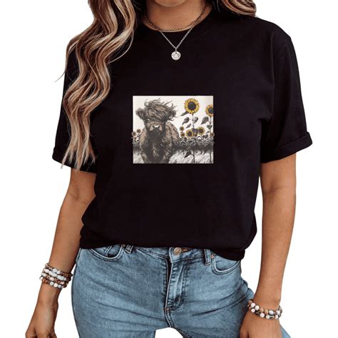 Black Highland Cow Sunflower Field Print Tshirt Graphic Tees Shirts for ...