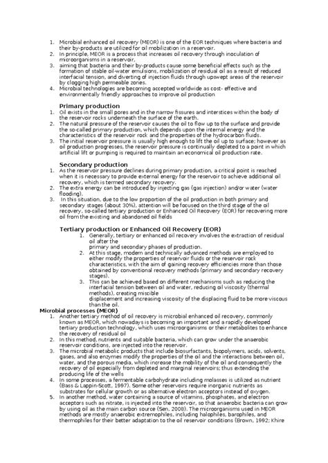 Microbial Enhanced Oil Recovery (MEOR) Techniques and Mechanisms - Studocu