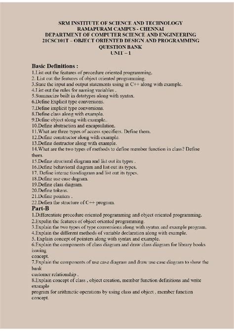 21CSC101T Object Oriented Design & Programming Question Bank Unit 1 ...
