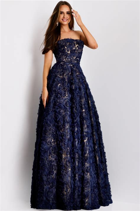 Strapless Floral Embroidered Navy Gown With Full Skirt 41188 | Jovani