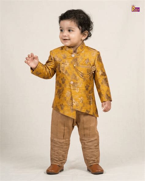 Boys Silk Kurta Pajama in Mango Yellow with Brown | Festive Wear ...