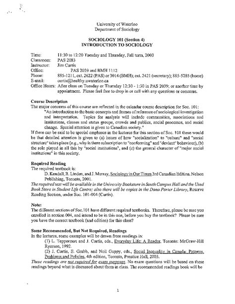 SOC 101 Course Outline: Introduction to Sociology - Fall 2003, Sec 04 ...