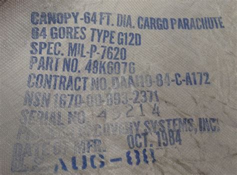 US Military G-12 64' Cargo Parachute Canopy (Used) NSN 1670-00-893-2371