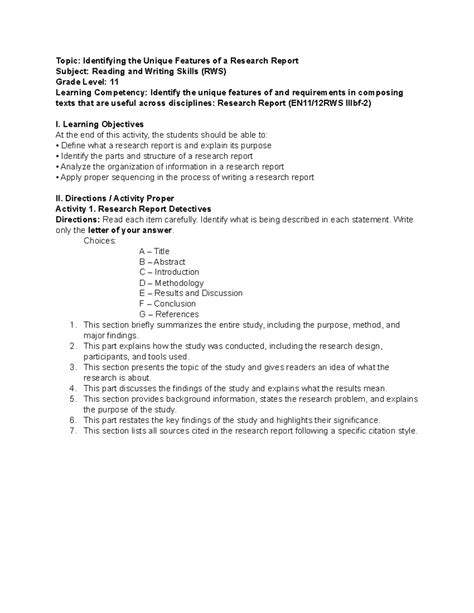RWS 11: Unique Features of Research Reports - Activity Guide - Studocu