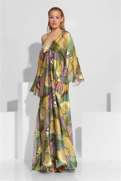 Abstract Yellow Print Satin Maxi Dress | C-THROU