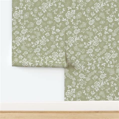 White flowers on warm olive green muted monochrome color English cotta...