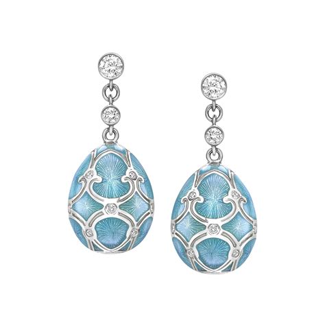 White Gold, Diamond & Teal Enamel Egg Drop Earrings | Fabergé | Fabergé