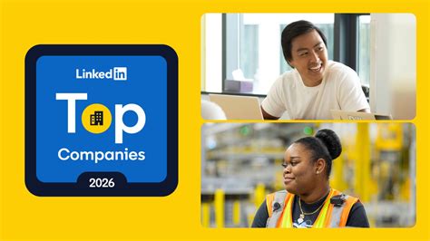 LinkedIn Top Companies 2026 badge alongside professionals: man at laptop and woman in warehouse ...