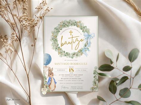 Peter Rabbit Spanish Baptism Invitation, Verde Dorado Invitación ...