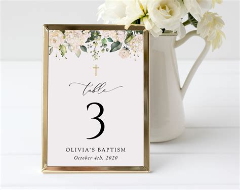 Cream White Flowers Table Number Sign - Baptism Sign