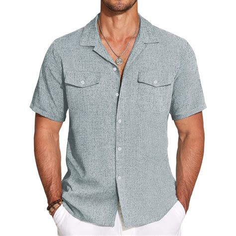 Dwelliawo Linen Shirt for Men Casual Business Dress Shirts Short Sleeve ...