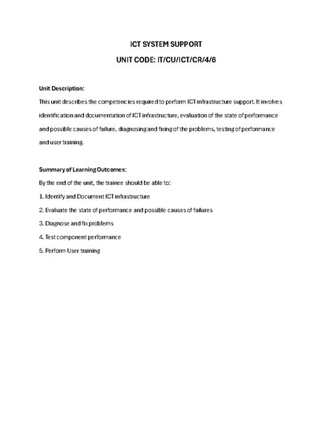 ICT System Support: Unit Code & Learning Outcomes Overview - Studocu