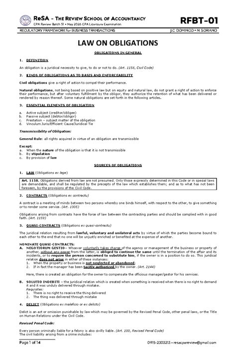 RFBT-01: CPA Review on Law of Obligations and Business Transactions ...
