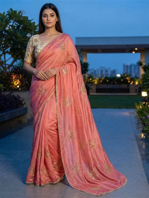 Glamorous Peach Sequin Embellished Saree in Premium Vichitra Silk