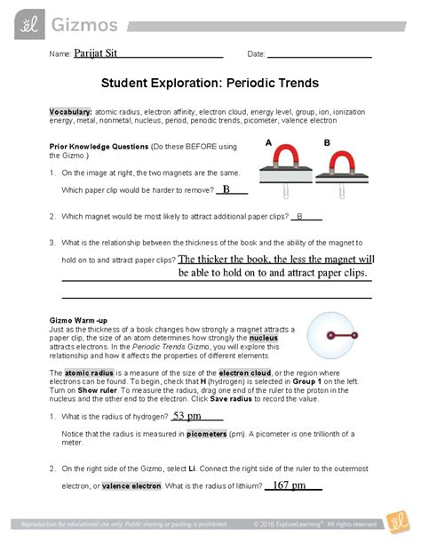 Periodic Trends SE - Student Exploration Guide - Studocu