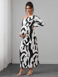 SHEIN Maternity All-Over Print Asymmetrical Shoulder Casual 1960s ...