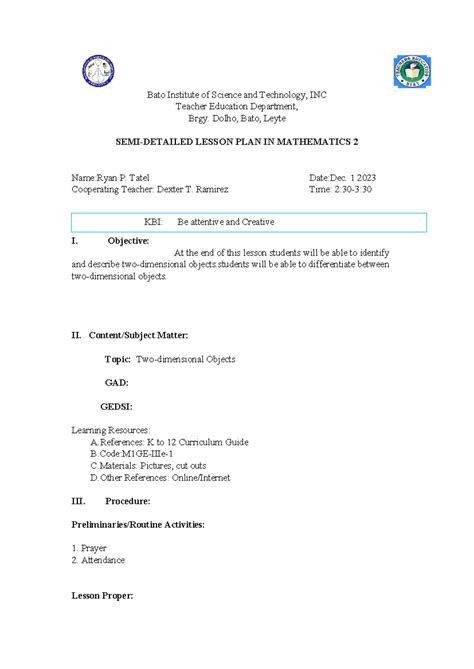 LP Mathematics 2 - Lesson Plan for Identifying Objects - Studocu
