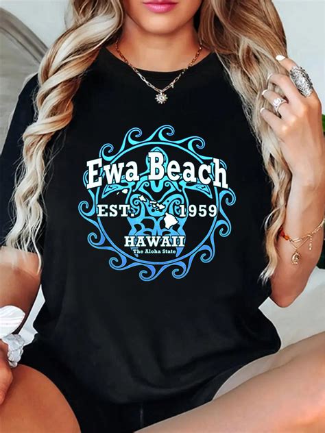 100% Cotton Ewa Beach Hawaii Vacation Tribal Turtle T-Shirt Print Round Neck Cotton T-Shirt ...