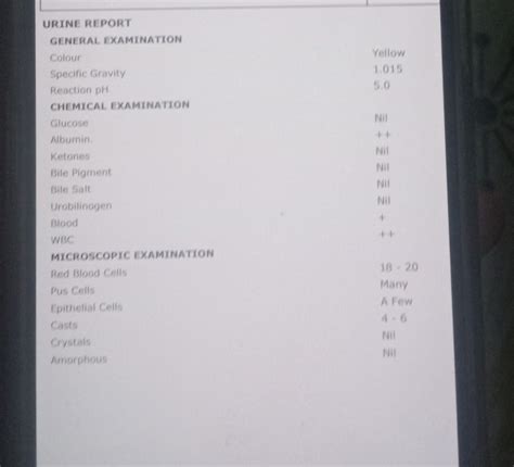 Solved: URINE REPORT GENERAL EXAMINATION Colour Yellow Specific Gravity ...