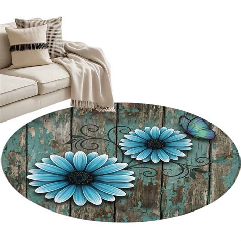 Blue Daisy Round Rug 4ft Washable Circle Entryway Rugs Non Slip Country ...