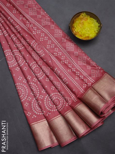 Semi dola saree peach shade with allover bandhani prints and zari wove ...