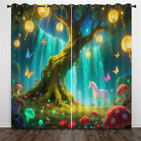 Blackout Curtains Green Meadow Mushrooms Bright Forest Waterfall, 3D Printed Window Curtain Top ...
