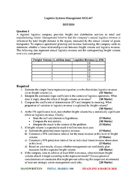 Logistics Systems Management MGL447 Group Assignment 1 Analysis - Studocu