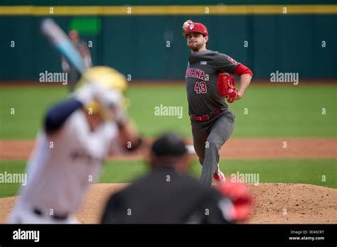 Indiana Hoosiers pitcher Jackson Bergman (43) delivers a pitch during ...