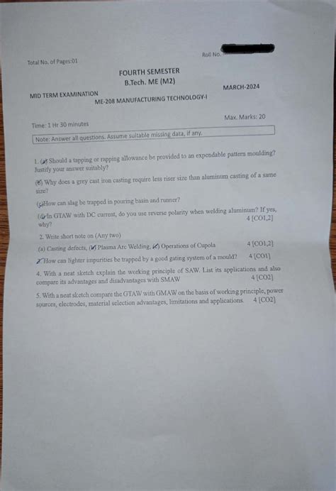 B.Tech ME (M2) Manufacturing Mid Term Exam Notes - 4th Sem - Studocu