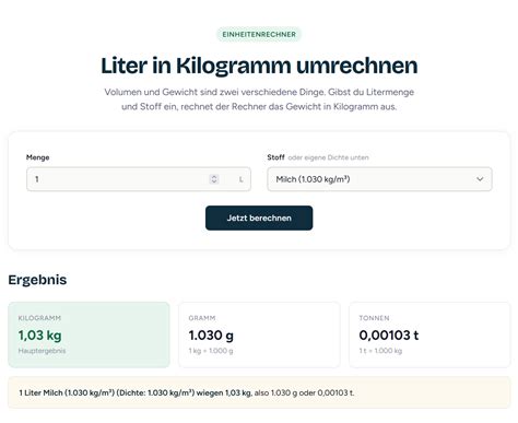 Liter (L) in Kilogramm (kg) Rechner - inkl. Dichtetabellen