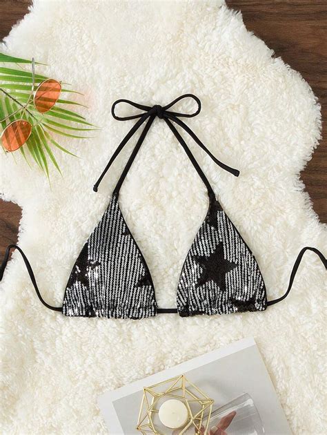 SHEIN Swim Summer Beach Glitter Stars Pattern Halter Bikini Top | SHEIN ...