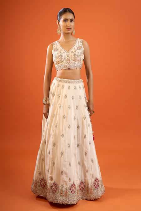 Buy Beige Tissue Sequins, Zari V-neck Embroidered Lehenga Set For Women ...