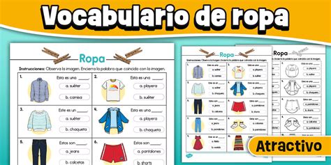Hoja de vocabulario de ropa con palabras e imágenes