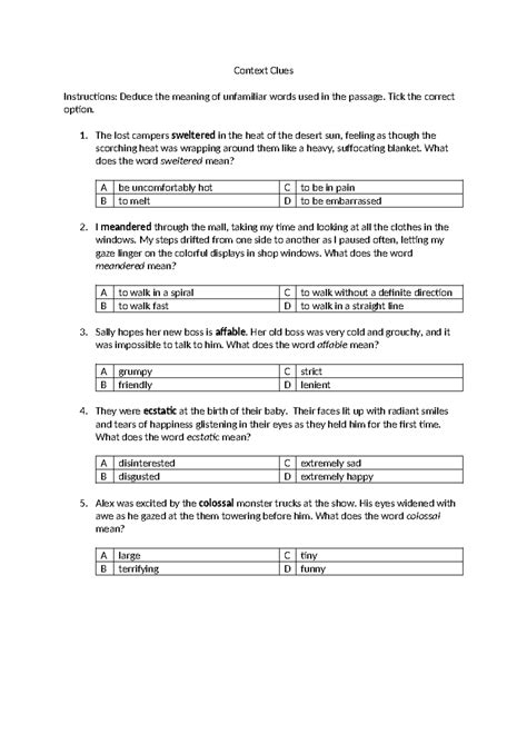 Context Clues Instructions: Understanding Unfamiliar Words - Studocu