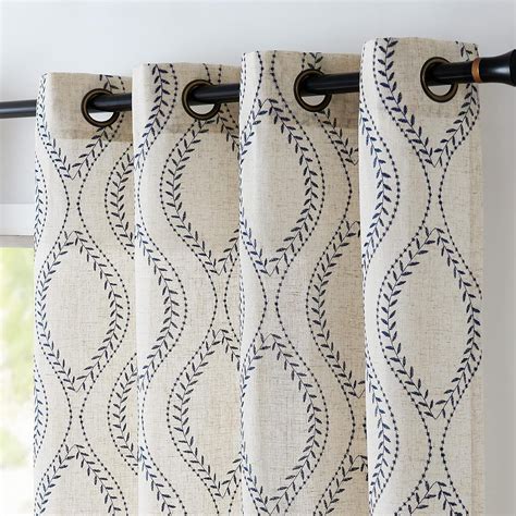 Boho Linen Blend Curtains Beige Farmhouse Curtains Blue Embroidered ...
