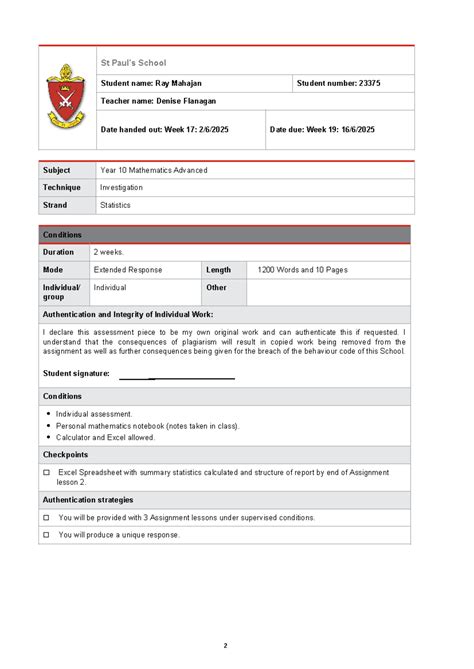 Year 10 Maths Adv: Statistics Investigation Task Sheet - Studocu