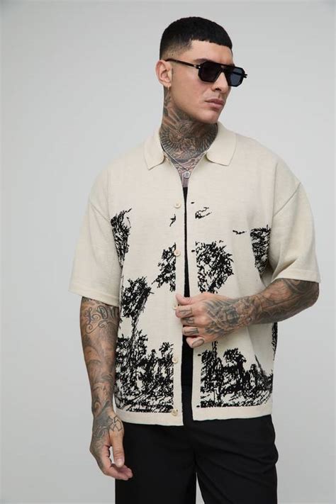 Jumpers & Cardigans | Tall Relaxed Palm Print Jacquard Knitted Shirt ...