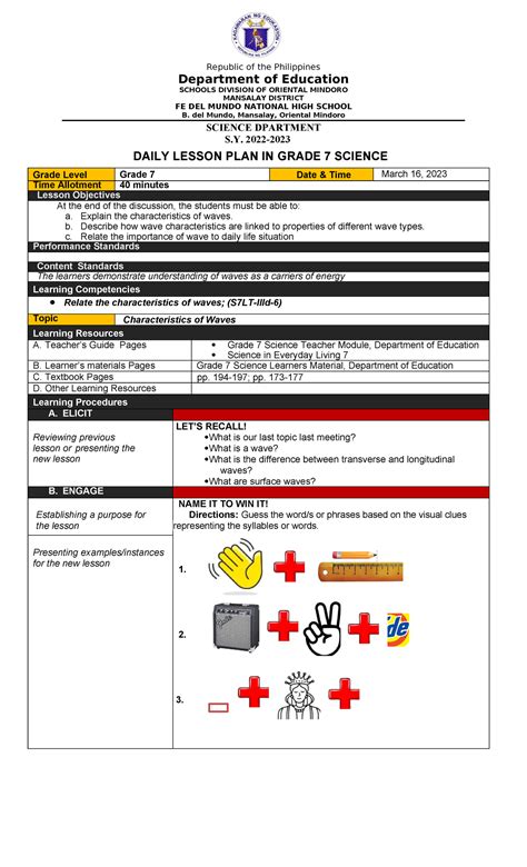 Grade 7 Science Daily Lesson Plan: Characteristics of Waves - Studocu