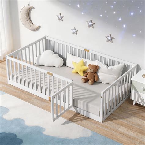 Sailvan Twin Floor Bed with High Fence Railings and Door,Solid Rubber ...