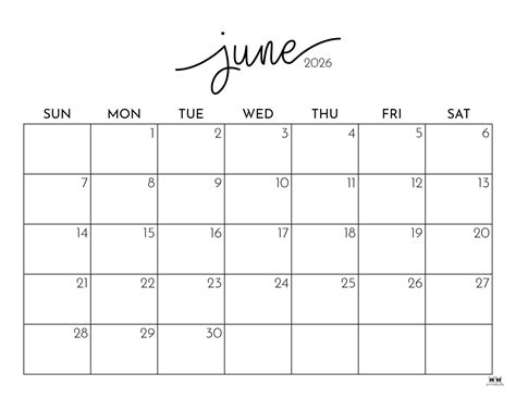 June 2026 Calendars - 150 FREE Printables | Printabulls