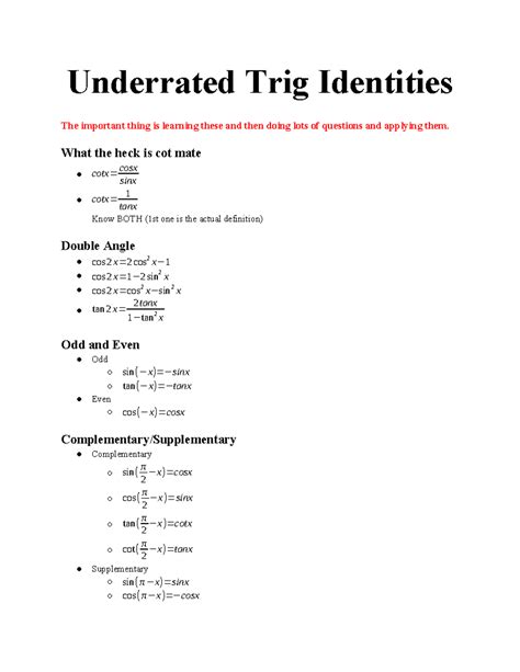 Underrated Trig Identities: Key Concepts and Applications - Studocu