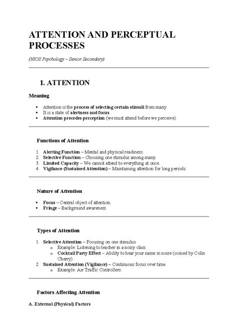 Short Notes on Attention and Perception (NIOS Psychology) - Studocu